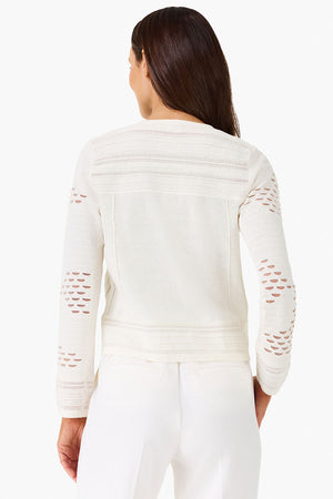 NIC+ZOE Mixed Knit Cardigan in Milk white. Open short cardigan with convertible collar. Knit in texture with sheer cutouts. Long sleeves. Classic flt._35669074739400