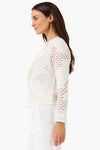 NIC+ZOE Mixed Knit Cardigan in Milk white. Open short cardigan with convertible collar. Knit in texture with sheer cutouts. Long sleeves. Classic flt._t_35669074706632