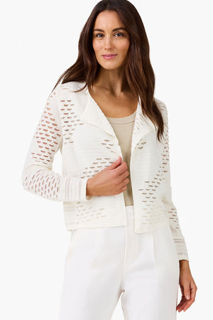NIC+ZOE Mixed Knit Cardigan in Milk white.  Open short cardigan with convertible collar.  Knit in texture with sheer cutouts.  Long sleeves.  Classic flt._35669074673864
