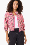 NIC+ZOE Tech Stretch Shadow Floral Jacket in Pink Multi.  Stylized floral print in tan, white and black on a pink background.  Zip front jacket with a stand convertible collar.  Long sleeve with elastic ruffled cuff.   Elastic hem.  2 front welt pockets.  Relaxed fit._t_35722412556488