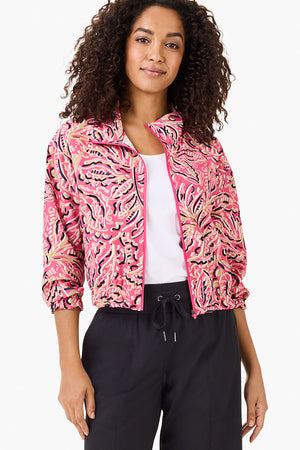 NIC+ZOE Tech Stretch Shadow Floral Jacket in Pink Multi.  Stylized floral print in tan, white and black on a pink background.  Zip front jacket with a stand convertible collar.  Long sleeve with elastic ruffled cuff.   Elastic hem.  2 front welt pockets.  Relaxed fit._35722412556488