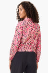 NIC+ZOE Tech Stretch Shadow Floral Jacket in Pink Multi. Stylized floral print in tan, white and black on a pink background. Zip front jacket with a stand convertible collar. Long sleeve with elastic ruffled cuff. Elastic hem. 2 front welt pockets. Relaxed fit._t_35722412622024