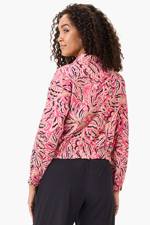 NIC+ZOE Tech Stretch Shadow Floral Jacket in Pink Multi. Stylized floral print in tan, white and black on a pink background. Zip front jacket with a stand convertible collar. Long sleeve with elastic ruffled cuff. Elastic hem. 2 front welt pockets. Relaxed fit._35722412622024