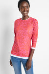 NIC+ZOE Stamped Leaves Double Layer Top in Red Multi.  Textured knit in leaf pattern with layering look. White inserts at neckline, hem and cuff.  Slightly fitted._t_59724626755950