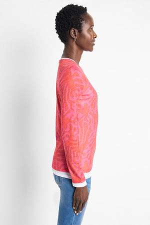 NIC+ZOE Stamped Leaves Double Layer Top in Red Multi.  Textured knit in leaf pattern with layering look. White inserts at neckline, hem and cuff.  Slightly fitted._59724626854254