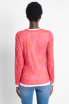 NIC+ZOE Stamped Leaves Double Layer Top in Red Multi.  Textured knit in leaf pattern with layering look. White inserts at neckline, hem and cuff.  Slightly fitted._t_59724626821486