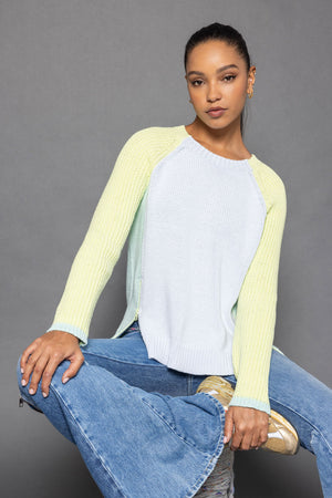 Lisa Todd Zip Me Sweater in Ice Combo.  Ice blue body with yellow sleeves with aqua tipping.  Crew neck raglan sleeve sweater.  Back seams wrap to front.  2 functional zippers at seams.  Shaker stitch sleeves.  Slightly relaxed fit._52998190694766