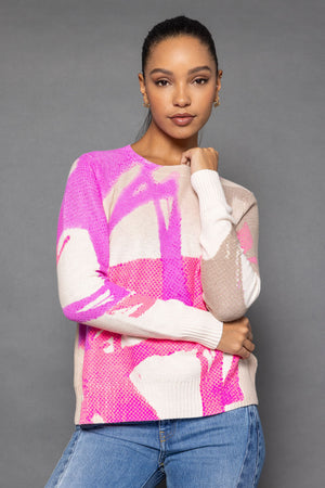 Lisa Todd Painters Punch Sweater in Pink.  Screen print brush strokes on a beige waffle print background.  Crew neck long sleeve cotton sweater with rib trim at neck hem and cuff.  Slightly relaxed fit._52998174638446