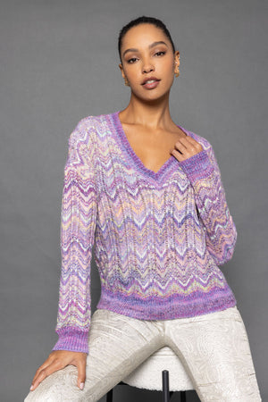 Lisa Todd Mystic Sweater in Purple Multi.  Chevron stitch knit with ombre purple rib trim at neck, hem and cuff.  Long sleeves.  Classic fit._53001484665198