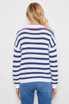 Lisa Todd Stripescape Sweater in White/Blue Galaxy.  Open weave white and navy stripes.  Pointed collar with split v neck.  Crochet collar and placket.  Long sleeves.  Rib trim at hem and cuff.  Pink tipping at collar and cuff.  Relaxed fit._t_59855516139886