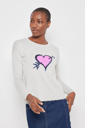 Lisa Todd Cupids Beau Sweater in Grey Mist.  Heathered gray cotton knit with pink heart outlined in blue with blue arrow.  Crew neck long sleeve sweater with dropped shoulder.  Rib trim at neck hem and cuff.  Distressed edge on hem and cuff.  Relaxed fit._59670756000110