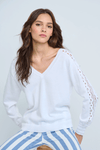 Lisa Todd Truth or Dare Sweater in White.  V neck with inset crochet panel down shoulder and center of sleeve.  Long sleeve.  Dropped shoulder.  Rib trim at neck, hem and cuff.  Relaxed fit._t_59670869705070