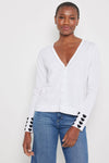 Lisa Todd Summer Love Sweater in White.  V neck button down cardigan.  Long sleeves with intarsia-knit hearts on cuff with rolled edge.  Ribbed placket and hem.  Relaxed fit._t_59855768977774