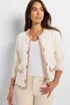 NIC+ZOE  Mix Trim Knit Jacket in Cream with Multi colored braid trim.  Crew neck open front jacket with hidden hook and eye closures.  2 front patch flap pockets.  Long sleeves.  Ornamental detail on front.  Back contour seaming.  Longer hem in front. Classic fit. _t_59725549830510