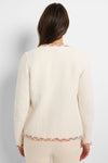 NIC+ZOE  Mix Trim Knit Jacket in Cream with Multi colored braid trim.  Crew neck open front jacket with hidden hook and eye closures.  2 front patch flap pockets.  Long sleeves.  Ornamental detail on front.  Back contour seaming.  Longer hem in front. Classic fit. _t_59725549928814