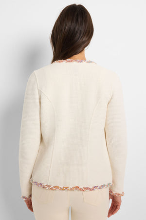 NIC+ZOE  Mix Trim Knit Jacket in Cream with Multi colored braid trim.  Crew neck open front jacket with hidden hook and eye closures.  2 front patch flap pockets.  Long sleeves.  Ornamental detail on front.  Back contour seaming.  Longer hem in front. Classic fit. _59725549928814