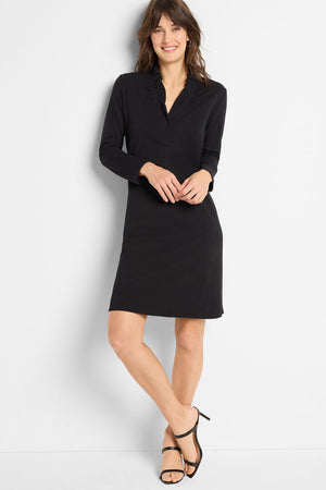 NIC+ZOE Ruffled Up Dress in Black.  V neck dress with 1 snap placket.  Ruffle around neck. Front pleat. In seam pockets.  3/4 sleeve.  A line shape. Relaxed fit._59725624869230