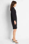 NIC+ZOE Ruffled Up Dress in Black.  V neck dress with 1 snap placket.  Ruffle around neck. Front pleat. In seam pockets.  3/4 sleeve.  A line shape. Relaxed fit._t_59725624803694