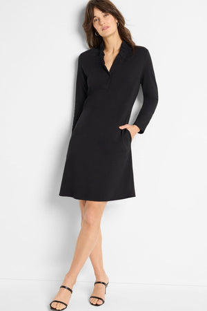 NIC+ZOE Ruffled Up Dress in Black.  V neck dress with 1 snap placket.  Ruffle around neck. Front pleat. In seam pockets.  3/4 sleeve.  A line shape. Relaxed fit._59725624836462