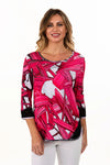Lemon Grass Reversible Happy Print Top in Red black and white.  Abstract colorful print reverses to black and white print.  Modified crew neck with 3/4 sleeves.  Mesh insets at sleeve cuff and hem.  Curved hem.  Relaxed fit._t_35731482280136