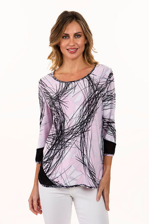 Lemon Grass Reversible Happy Print Top in Red black and white. Abstract colorful print reverses to black and white print. Modified crew neck with 3/4 sleeves. Mesh insets at sleeve cuff and hem. Curved hem. Relaxed fit._35731482312904