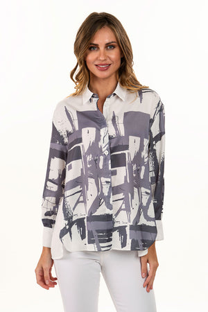 Lemon Grass Gray Handprint Blouse.  Gray abstract geometric screen print on a white background.  Pointed collar button down blouse with wrapped side seams from back to front.  Curved front hem; straight back hem.  Bracelet length sleeves with button cuff.  Relaxed fit._35740049572040