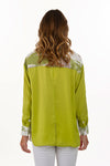 Lemon Grass Palm Hand Printed Blouse. Pointed collasr button down with 1/2 front in solid lime green; other half in abstract palm screen print in beige, lime and white. Solid bracelet length sleeve with palm print cuff. Solid back with print yoke. Relaxed fit._t_35740000125128