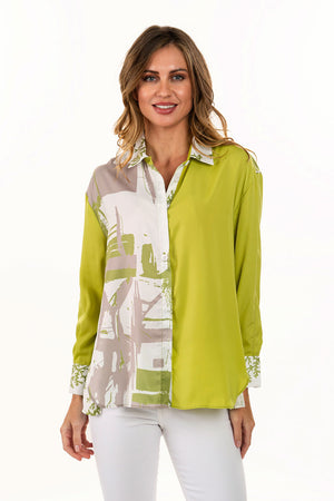 Lemon Grass Palm Hand Printed Blouse.  Pointed collasr button down with 1/2 front in solid lime green; other half in abstract palm screen print in beige, lime and white.  Solid bracelet length sleeve with palm print cuff. Solid back with print yoke. Relaxed fit._35740000190664