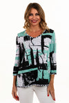 Lemon Grass Reversible V neck Abstract Top in Bermuda. Aqua, black, gray and white abstract print reverses to black and white dot print. V neck, 3/4 sleeve top. Completely reversible. Relaxed fit._t_35731297108168