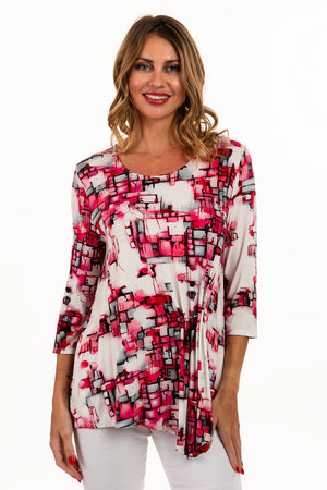 Lemon Grass Metal Pink Gathered Top.  Rose black and gray mini block print on white.  Scoop neck 3/4 sleeve top.  Asymmetric vertical gathers at front with metal pin detail.  Asymmetric hem.  Relaxed fit._35731396133064