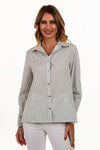 Lemon Grass Striped Blouse in Medium Graywith White Stripes. Pointed collar button down with hammered silver buttons. Long sleeves with double cuffs and silver twist cufflinks. 2 front diagonal welt pockets. Back yoke. Side slits. A line shape. Relaxed fit._t_35731188547784
