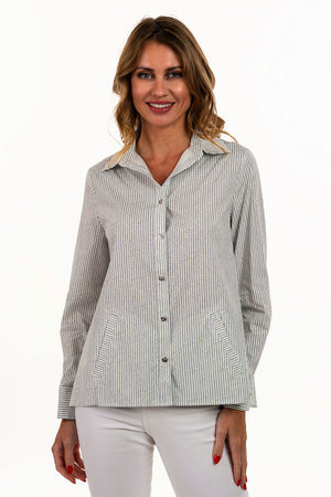 Lemon Grass Striped Blouse in Medium Graywith White Stripes. Pointed collar button down with hammered silver buttons. Long sleeves with double cuffs and silver twist cufflinks. 2 front diagonal welt pockets. Back yoke. Side slits. A line shape. Relaxed fit._35731188547784