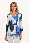 Lemon Grass Abstract Reversible V Neck Top in Granada Blue.  Abstract multi blue and white print reverses to black and white checkerboard print.  V neck 3/4 sleeve top.  A line shape.  Relaxed fit._t_59706685653358