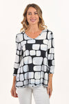 Lemon Grass Abstract Reversible V Neck Top in Granada Blue.  Abstract multi blue and white print reverses to black and white checkerboard print.  V neck 3/4 sleeve top.  A line shape.  Relaxed fit._t_59706685555054