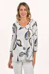 Lemon Grass Abstract Reversible V Neck Top in Tan.  Abstract tan, black and white print reverses to tan, black and white abstact leaf print.  V neck 3/4 sleeve top.  A line shape.  Relaxed fit._t_59706685620590