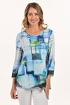 Lemon Grass Abstract Geometric Reversible Round Neck Top in Blue.  Shades of blue and green reverses to green and white grld pattern. Round neck with diagonal black mesh insets at the hem.  3/4 sleeve with mesh cuff.   A line shape.  Relaxed fit._t_59706695778670