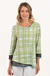 Lemon Grass Abstract Geometric Reversible Round Neck Top in Blue.  Shades of blue and green reverses to green and white grld pattern. Round neck with diagonal black mesh insets at the hem.  3/4 sleeve with mesh cuff.   A line shape.  Relaxed fit._t_59706695713134