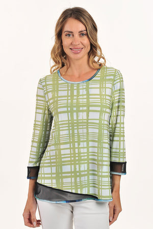 Lemon Grass Abstract Geometric Reversible Round Neck Top in Blue.  Shades of blue and green reverses to green and white grld pattern. Round neck with diagonal black mesh insets at the hem.  3/4 sleeve with mesh cuff.   A line shape.  Relaxed fit._59706695713134