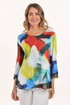 Lemon Grass Abstract Geometric Reversible Round Neck Top in Infinity.  Bright multi colored shapes print reverses to multi colored abstract pattern. Round neck with diagonal black mesh inset on 1 side.  3/4 sleeve with mesh cuff.   A line shape.  Relaxed fit._t_59706695680366