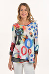 Lemon Grass Abstract Geometric Reversible Round Neck Top in Infinity.  Bright multi colored shapes print reverses to multi colored abstract pattern. Round neck with diagonal black mesh inset on 1 side.  3/4 sleeve with mesh cuff.   A line shape.  Relaxed fit._t_59706695745902