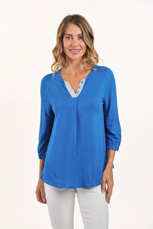 Lemon Grass Contrast Placket Top in Imperial blue.  Crew neck with open v placket.  Striped contrast placket with 3 button trim.  3/4 sleeve with 1/2 elastic cuff.  A line shape.  Relaxed fit._59764603126126