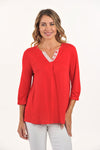 Lemon Grass Contrast Placket Top in Tomato red.  Crew neck with open v placket.  Striped contrast placket with 3 button trim.  3/4 sleeve with 1/2 elastic cuff.  A line shape.  Relaxed fit._t_59764603093358