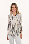 Lemon Grass Hi V Neck Printed Top in Grey.  Vertical abstract line print in shades of black, yellow and medium gray on a light gray background.  High banded v neck.  3/4 sleeve with button and loop closure.  2 front slits.  Curved hem.  Relaxed fit._t_59764619051374