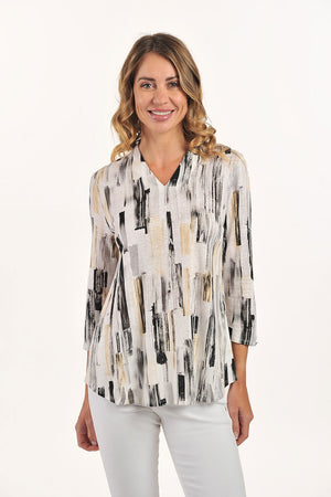 Lemon Grass Hi V Neck Printed Top in Grey.  Vertical abstract line print in shades of black, yellow and medium gray on a light gray background.  High banded v neck.  3/4 sleeve with button and loop closure.  2 front slits.  Curved hem.  Relaxed fit._59764619051374