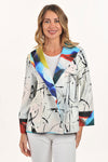 Lemon Grass Single Button Reversible Jacket in Infinity.  Brightly colored abstract print reverses to black and white scribble print.  Convertible collar, bracelet sleeve jacket with cuff.  Single button closure.  2 front patch pockets.  Relaxed fit._t_59706709311854