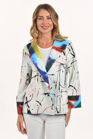 Lemon Grass Single Button Reversible Jacket in Infinity.  Brightly colored abstract print reverses to black and white scribble print.  Convertible collar, bracelet sleeve jacket with cuff.  Single button closure.  2 front patch pockets.  Relaxed fit._59706709311854