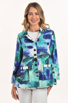 Lemon Grass Stand Collar Jacket in Bermuda.  Abstract print in shades of aqua and blue reverses to black and white geometric print. Stand collar with peaked lapel  3 button closure.  2 front patch pockets.  Bracelet length sleeve.  Relaxed fit._t_59706777993582