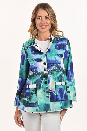 Lemon Grass Stand Collar Jacket in Bermuda.  Abstract print in shades of aqua and blue reverses to black and white geometric print. Stand collar with peaked lapel  3 button closure.  2 front patch pockets.  Bracelet length sleeve.  Relaxed fit._59706777993582