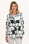 Lemon Grass Stand Collar Jacket in Bermuda.  Abstract print in shades of aqua and blue reverses to black and white geometric print. Stand collar with peaked lapel  3 button closure.  2 front patch pockets.  Bracelet length sleeve.  Relaxed fit._t_59706778026350