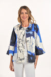 Lemon Grass Flare Jacket in Granada Blue.  Mixed abstract shapes and scribble print in shades of blue on a cream background.  Pointed collar 2 button closure.  3/4 wide sleeve
2 back vents.  Side seam pockets with button detail.  Swing a-line shape.  Relaxed fit._t_59764688355694